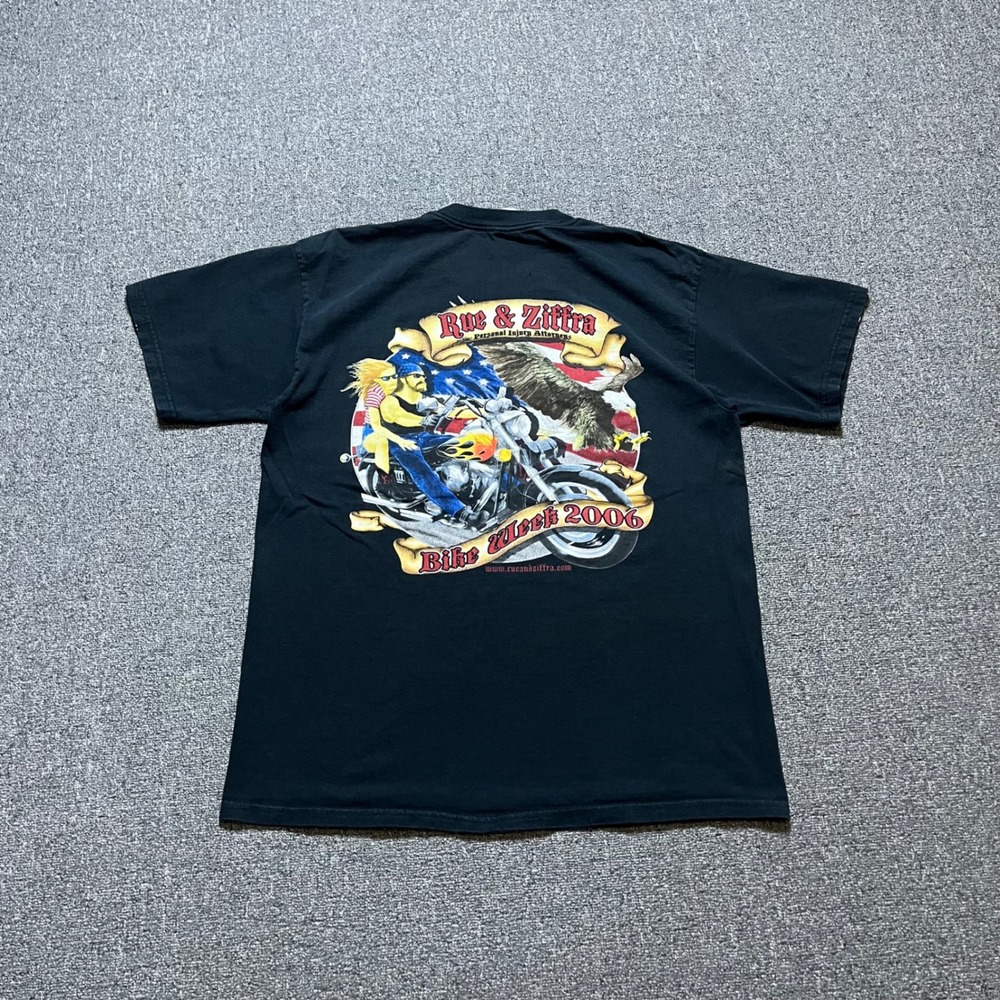 Vintage Rue & Ziffra Bike Week 2006 T-Shirt Size L Black Biker Tee 2000s